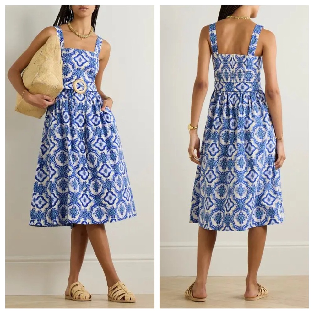 Cara Cara Candace Printed Cotton-Poplin Midi Dress Blue Tile Side Pockets Belted
